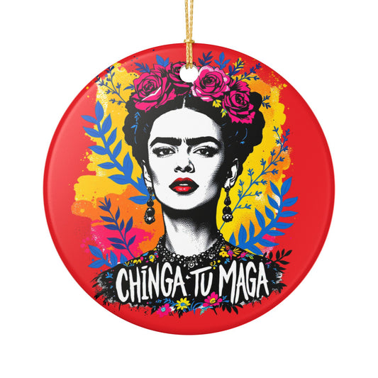 Frida Kahlo Ceramic Ornament — "Chinga Tu Maga" Decorative Holiday Accent