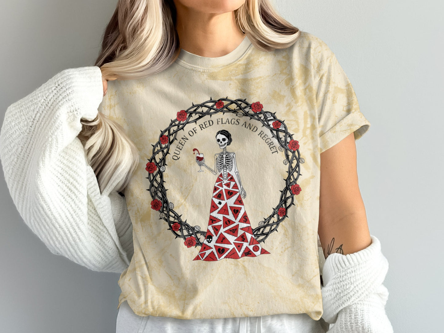 Queen of Red Flags and Regret Skeleton Graphic Tee