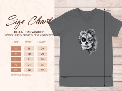 V-Neck Tee with Skull and Flowers Graphic product type