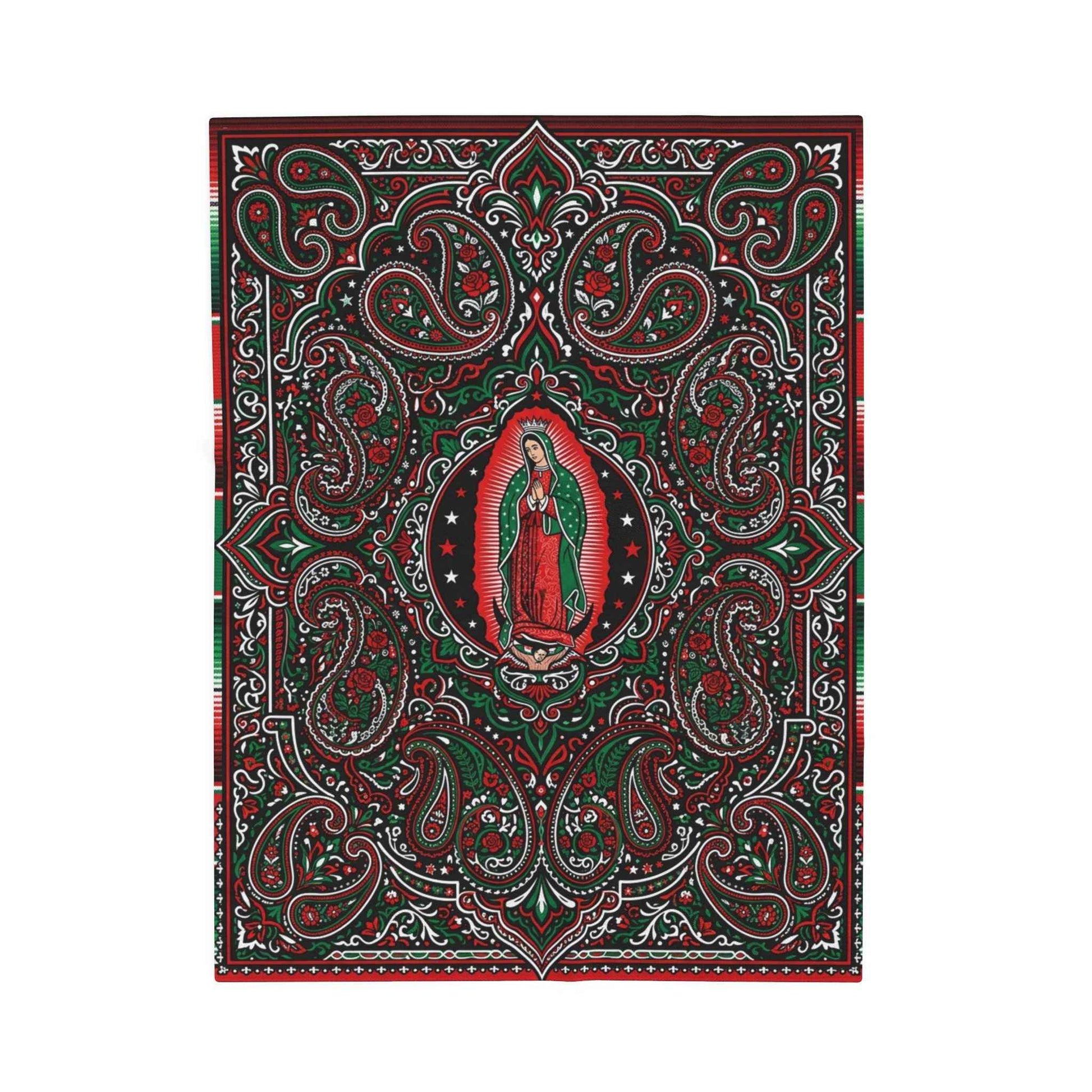 Our Lady of Guadalupe Blankets, Virgen de Guadalupe Mexican Art, Red Green Black Paisley Floral Throw, Chicano Catholic Devotional Decor