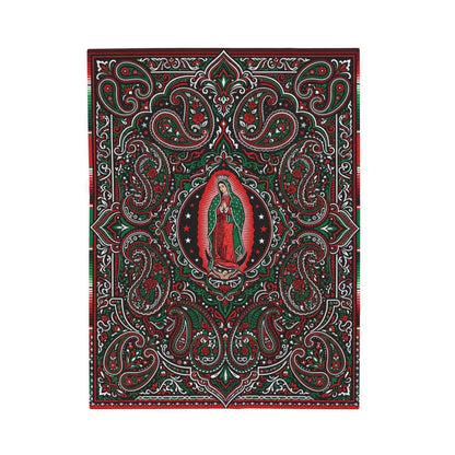 Our Lady of Guadalupe Blankets, Virgen de Guadalupe Mexican Art, Red Green Black Paisley Floral Throw, Chicano Catholic Devotional Decor