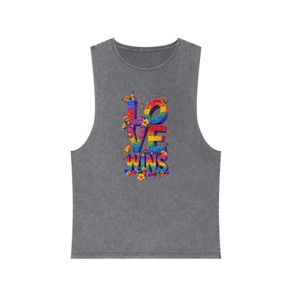 Unisex Stonewash Tank Top - 'Love Wins' Graphic Tee for LGBTQ+ Pride & Everyday Wear