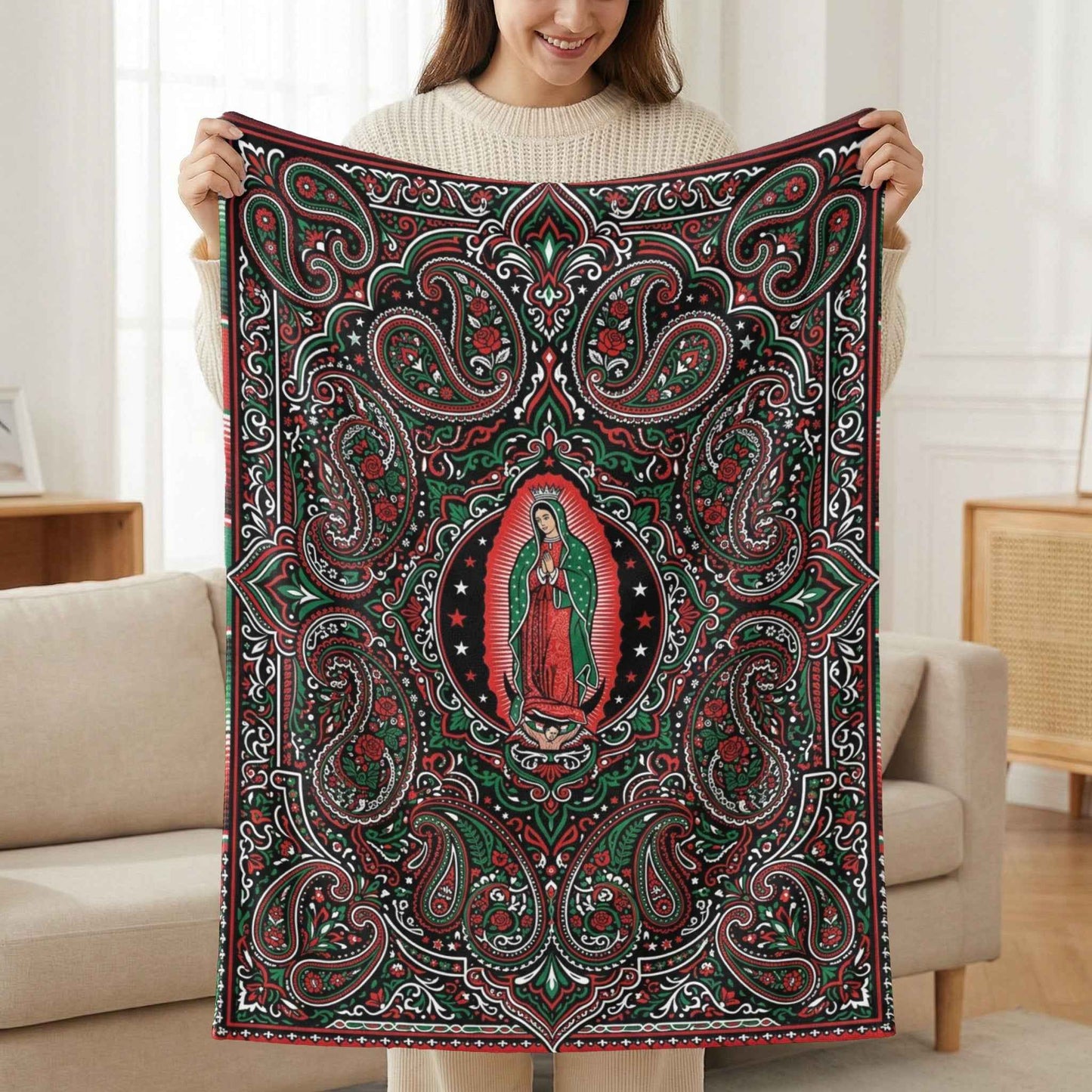 Our Lady of Guadalupe Blankets, Virgen de Guadalupe Mexican Art, Red Green Black Paisley Floral Throw, Chicano Catholic Devotional Decor