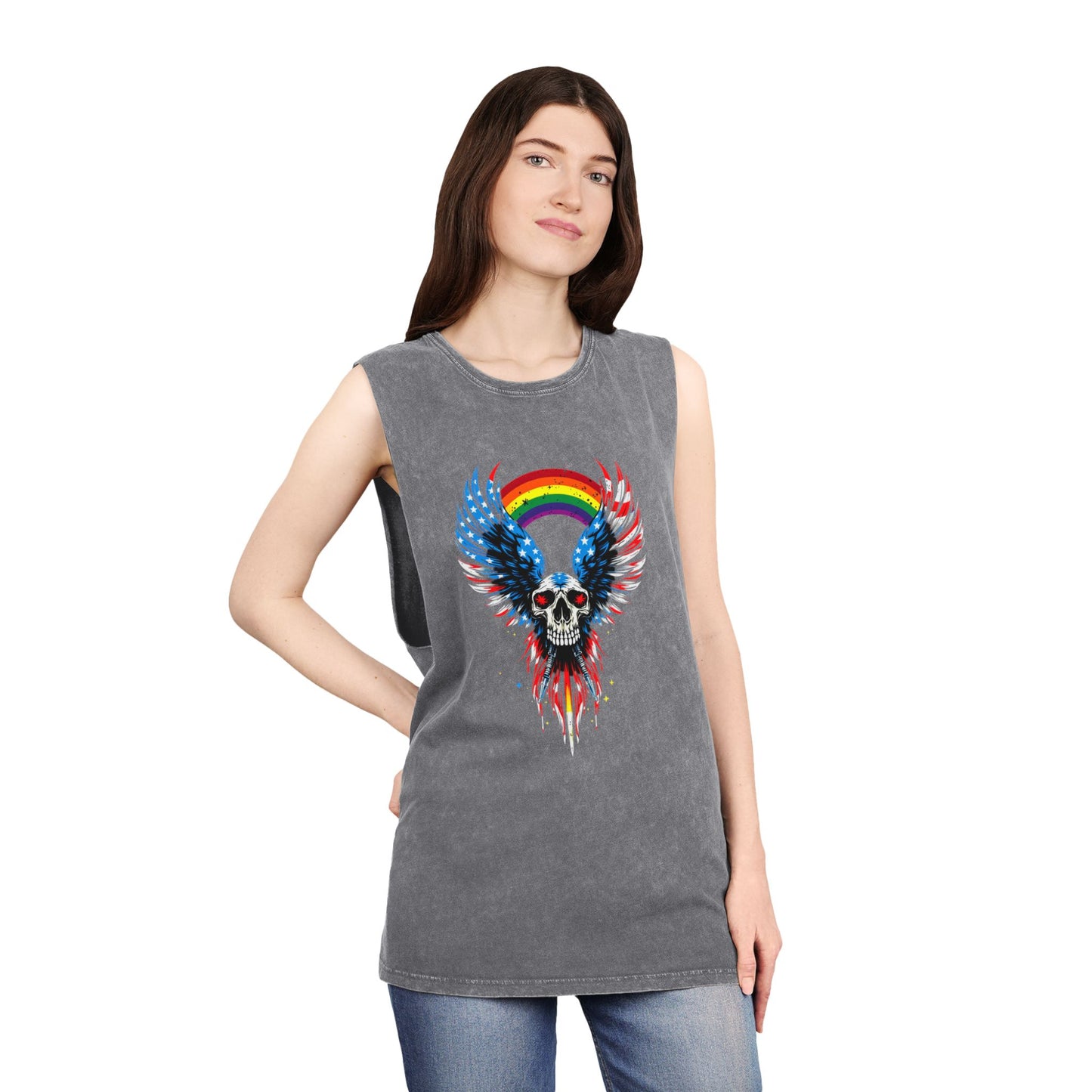 Pride Tank Top Unisex Skull & Wings Stonewash Tank Top | Grunge Style, Summer Essential, Music Festival, Casual Wear, Gift for Him/Her