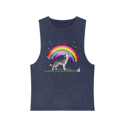 Pride Howl Unisex Stonewash Tank Top - Rainbow Husky Design