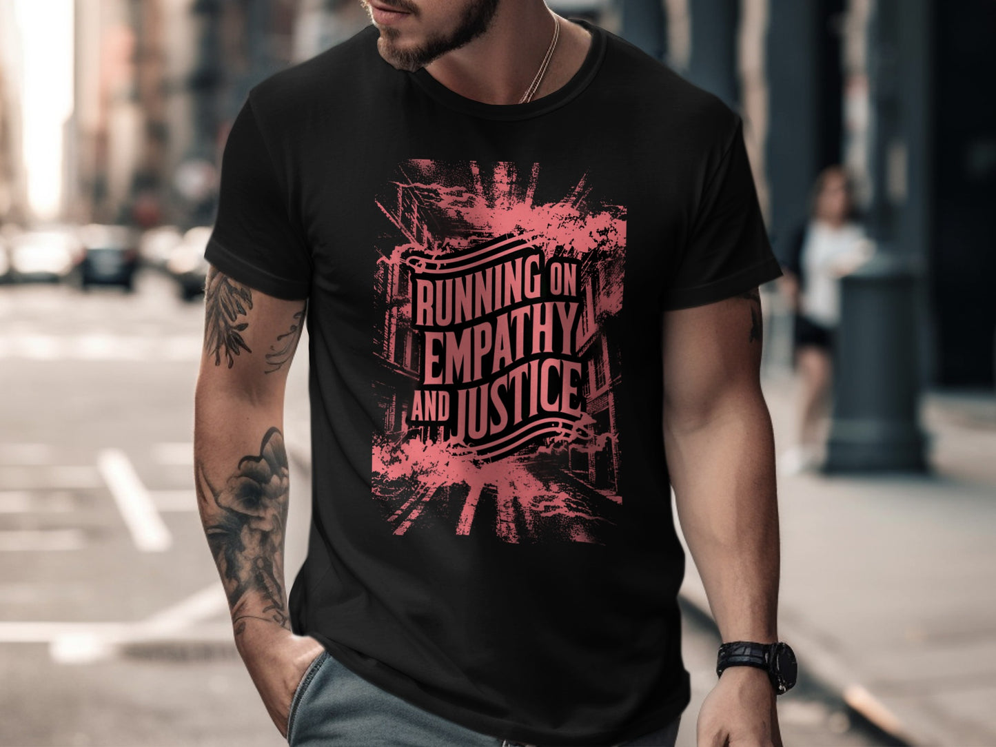 Black t-shirt with "Running on Empathy and Justice" text in pink distressed font.