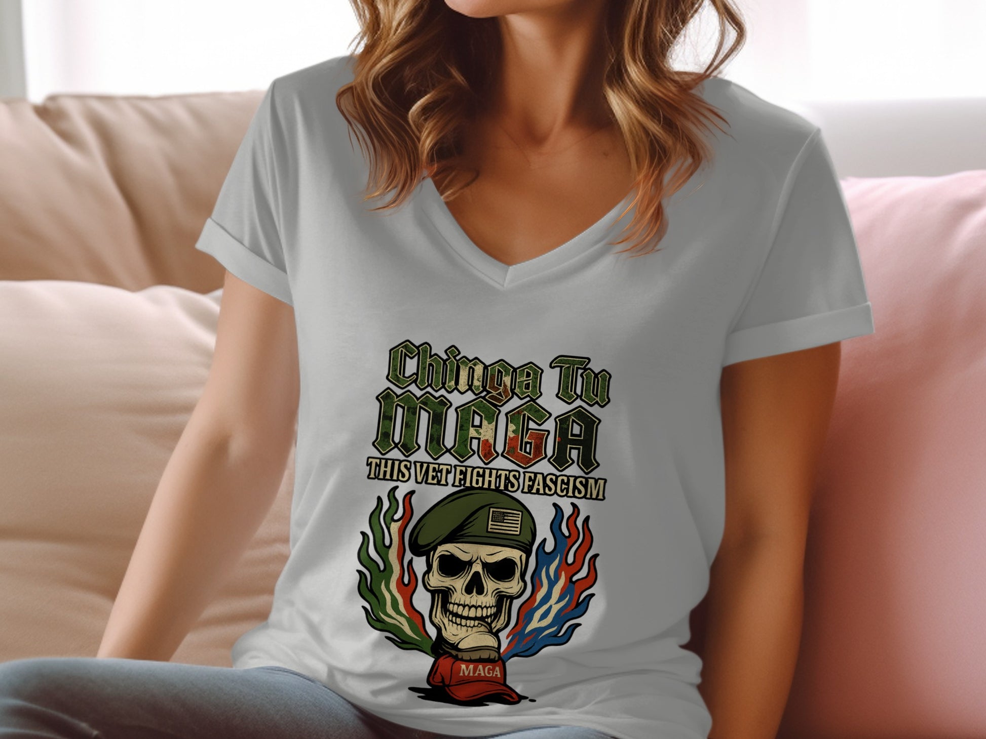 Chinga Tu MAGA Anti Fascism Skull V-Neck T-Shirt product