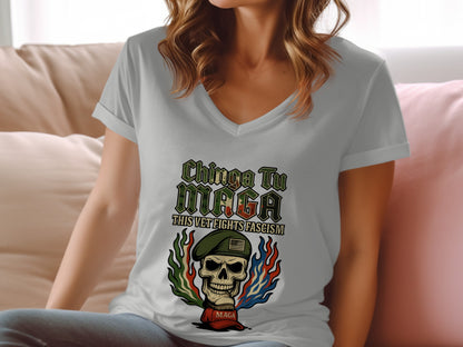 Chinga Tu MAGA Anti Fascism Skull V-Neck T-Shirt product