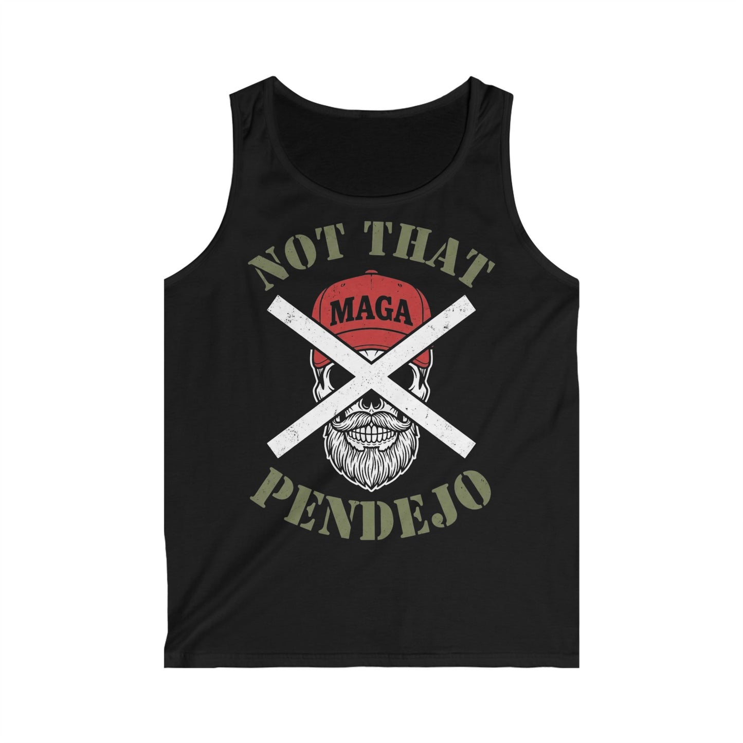 Black tank top with skull wearing a red hat, crossed out "MAGA", and text "NOT THAT PENDEJO".