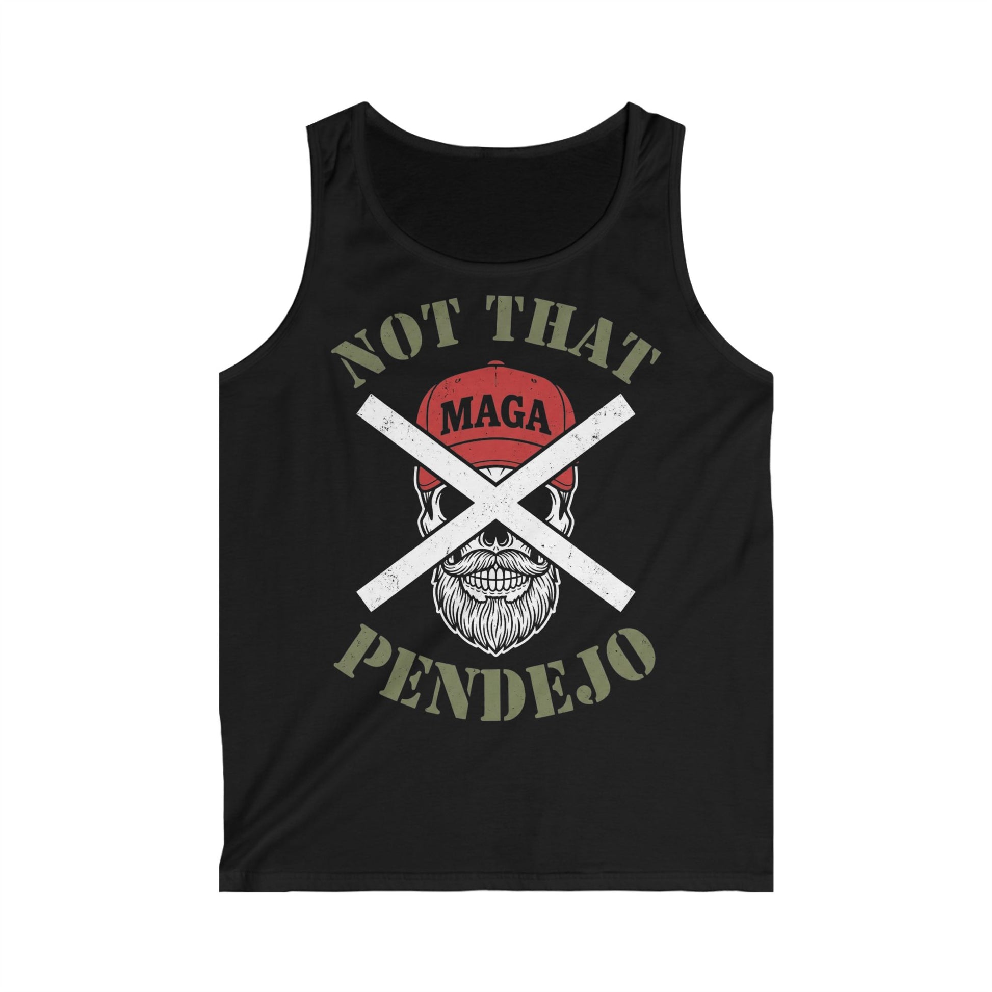 Black tank top with skull wearing a red hat, crossed out "MAGA", and text "NOT THAT PENDEJO".
