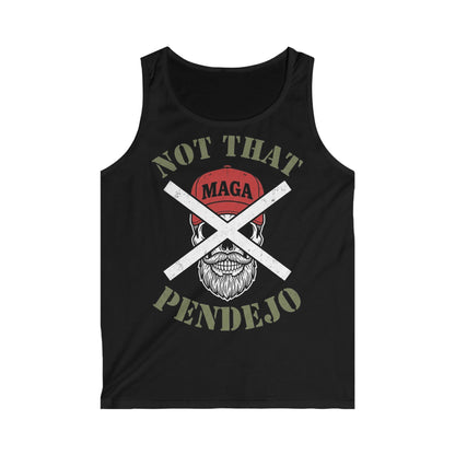 Black tank top with skull wearing a red hat, crossed out "MAGA", and text "NOT THAT PENDEJO".