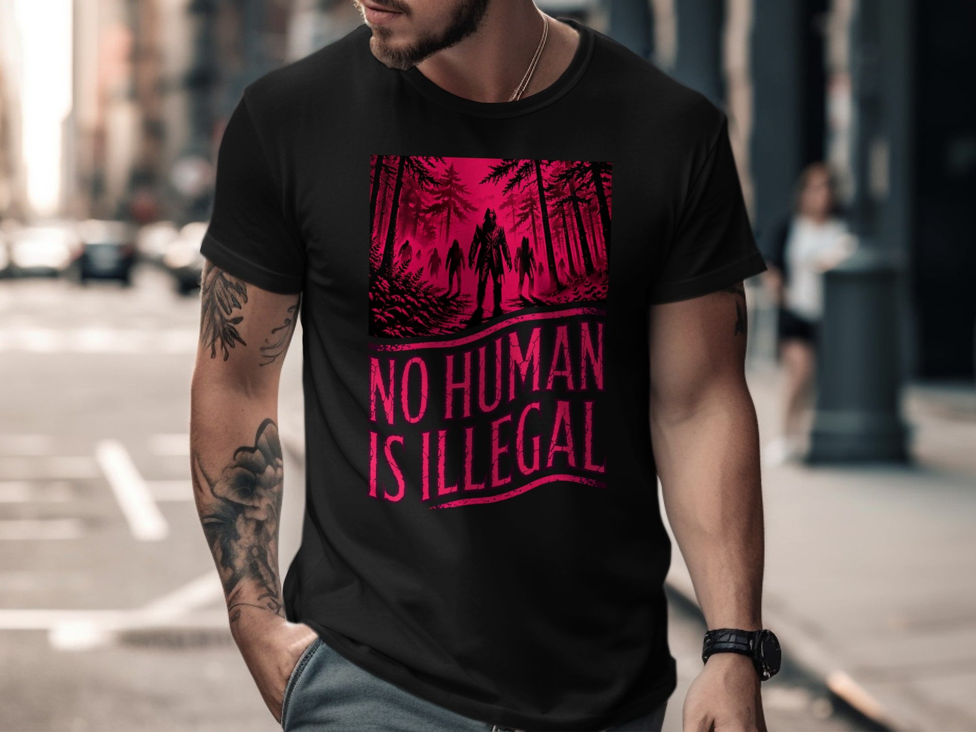 Black t-shirt with "NO HUMAN IS ILLEGAL" text over a stylized forest scene.