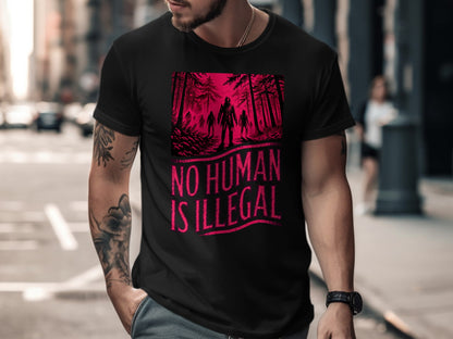 Black t-shirt with "NO HUMAN IS ILLEGAL" text over a stylized forest scene.