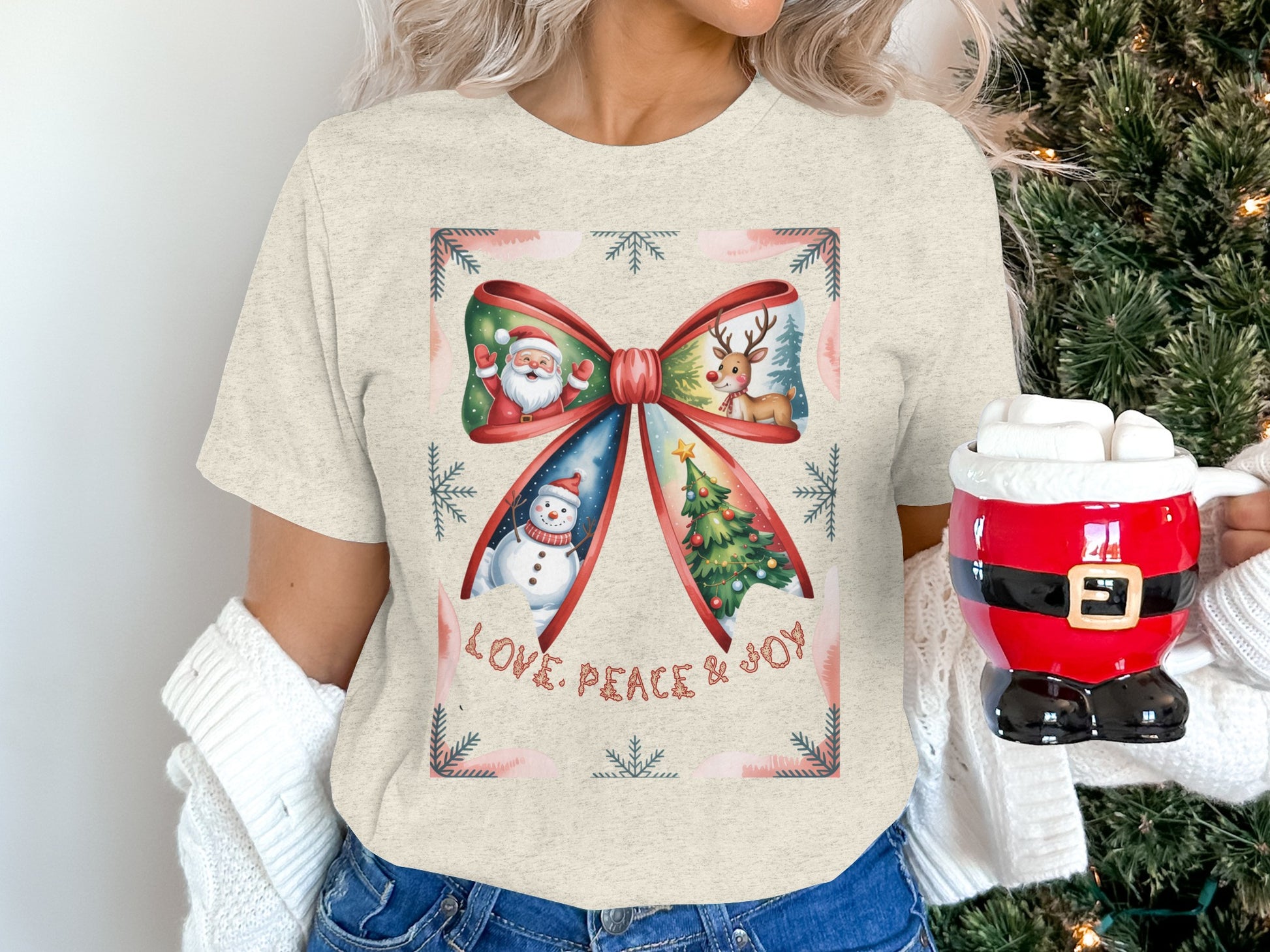 Love Peace & Joy Christmas Bow T-Shirt