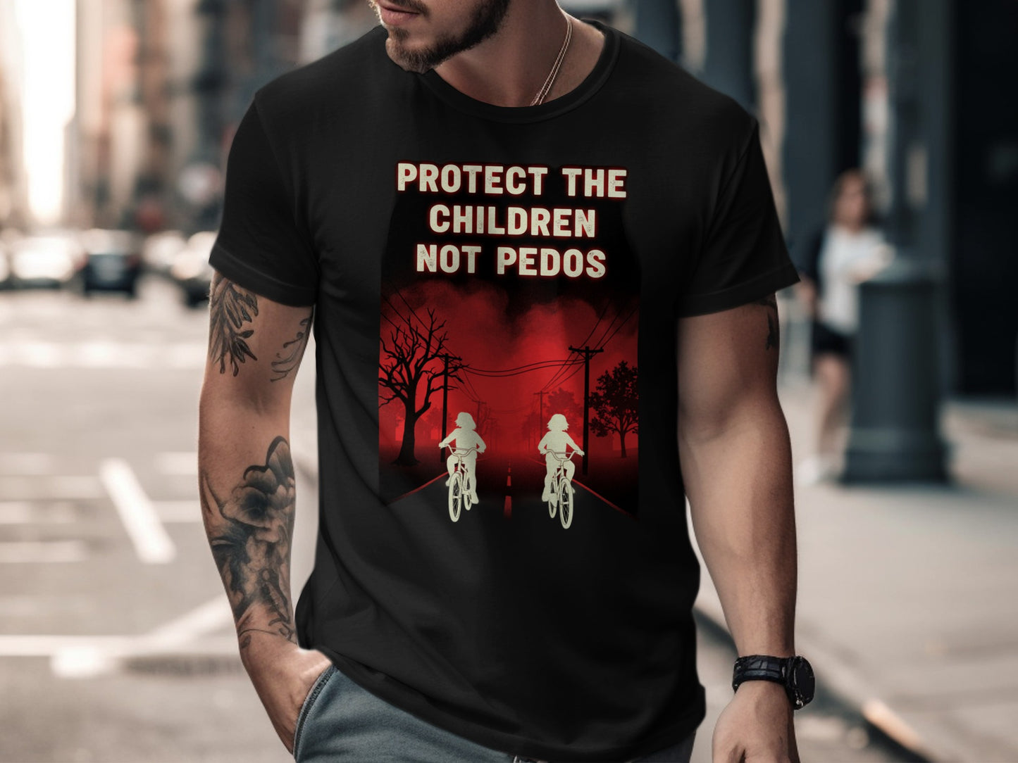 Black t-shirt with text "PROTECT THE CHILDREN NOT PEDOS" and graphic.
