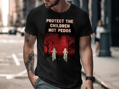 Black t-shirt with text "PROTECT THE CHILDREN NOT PEDOS" and graphic.