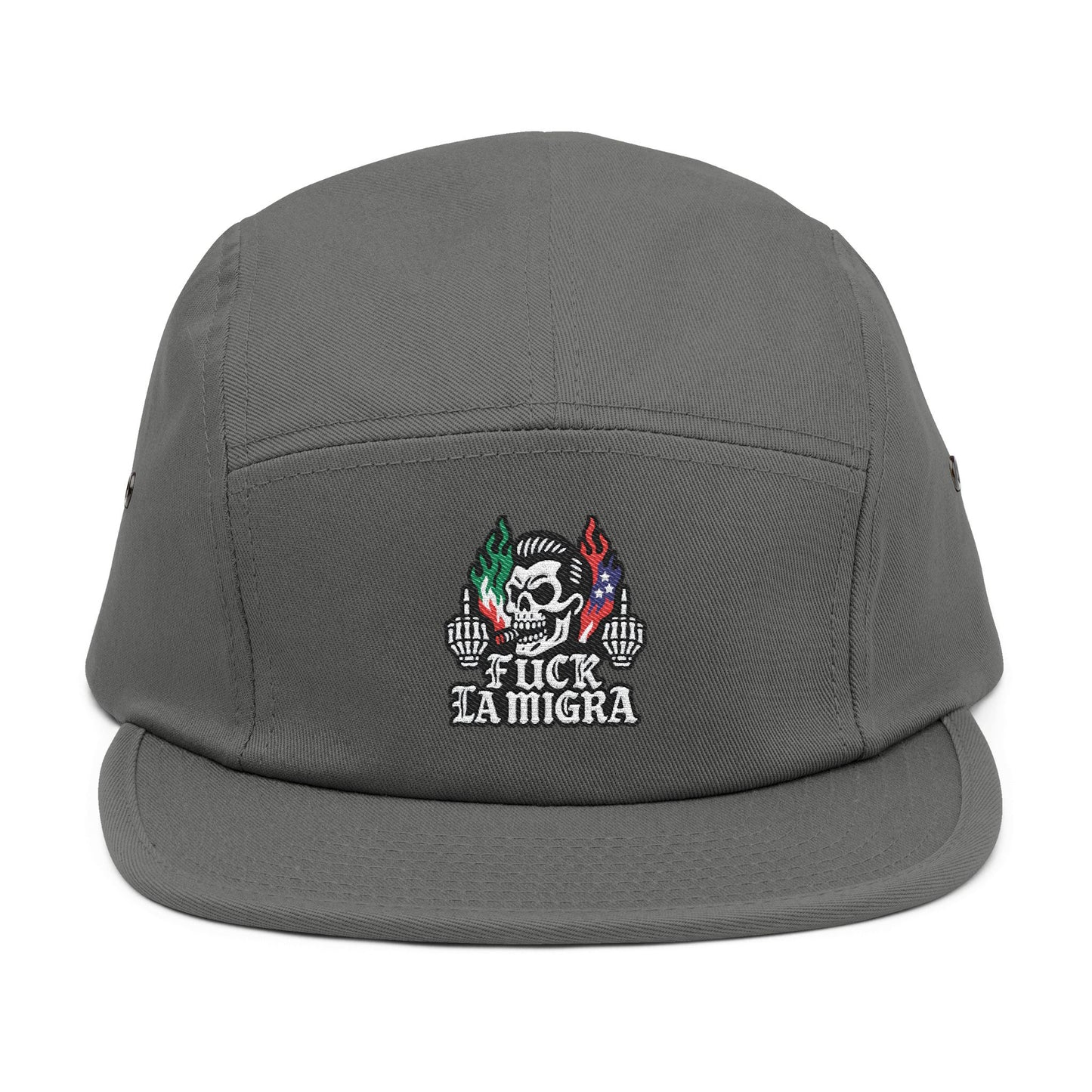 Fuck La Migra Hat Embroidered 5-Panel Cap — Skull with Mexican Flag Accent (Explicit Text)