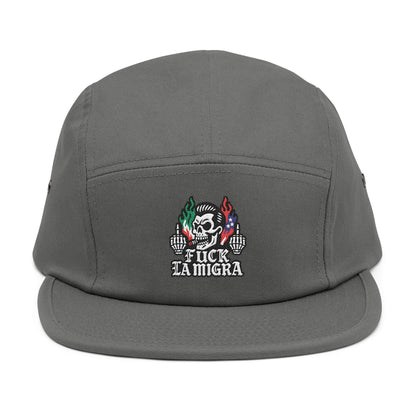 Fuck La Migra Hat Embroidered 5-Panel Cap — Skull with Mexican Flag Accent (Explicit Text)