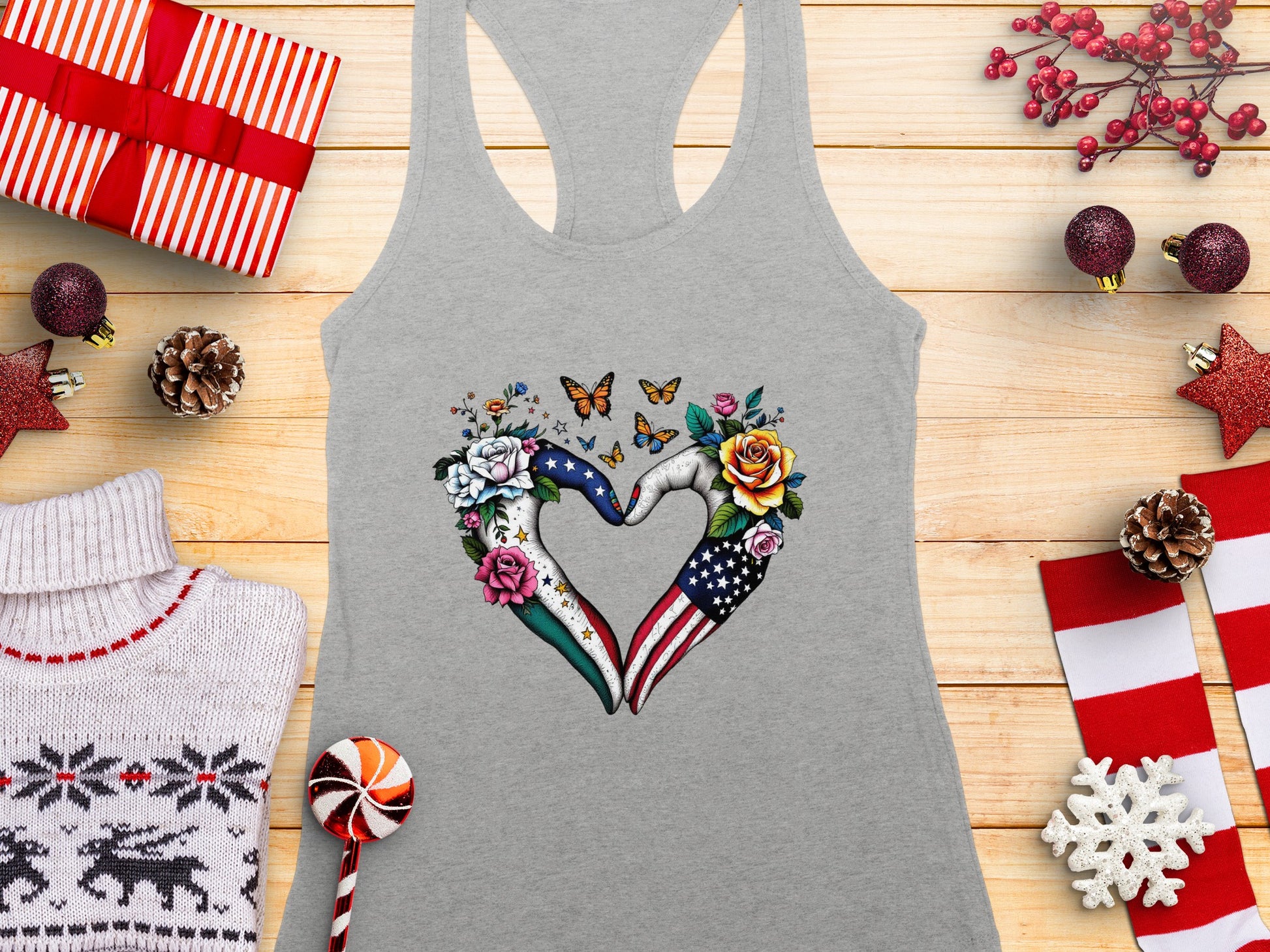 Heart Shape Hand with Flowers Women's Tank Top
