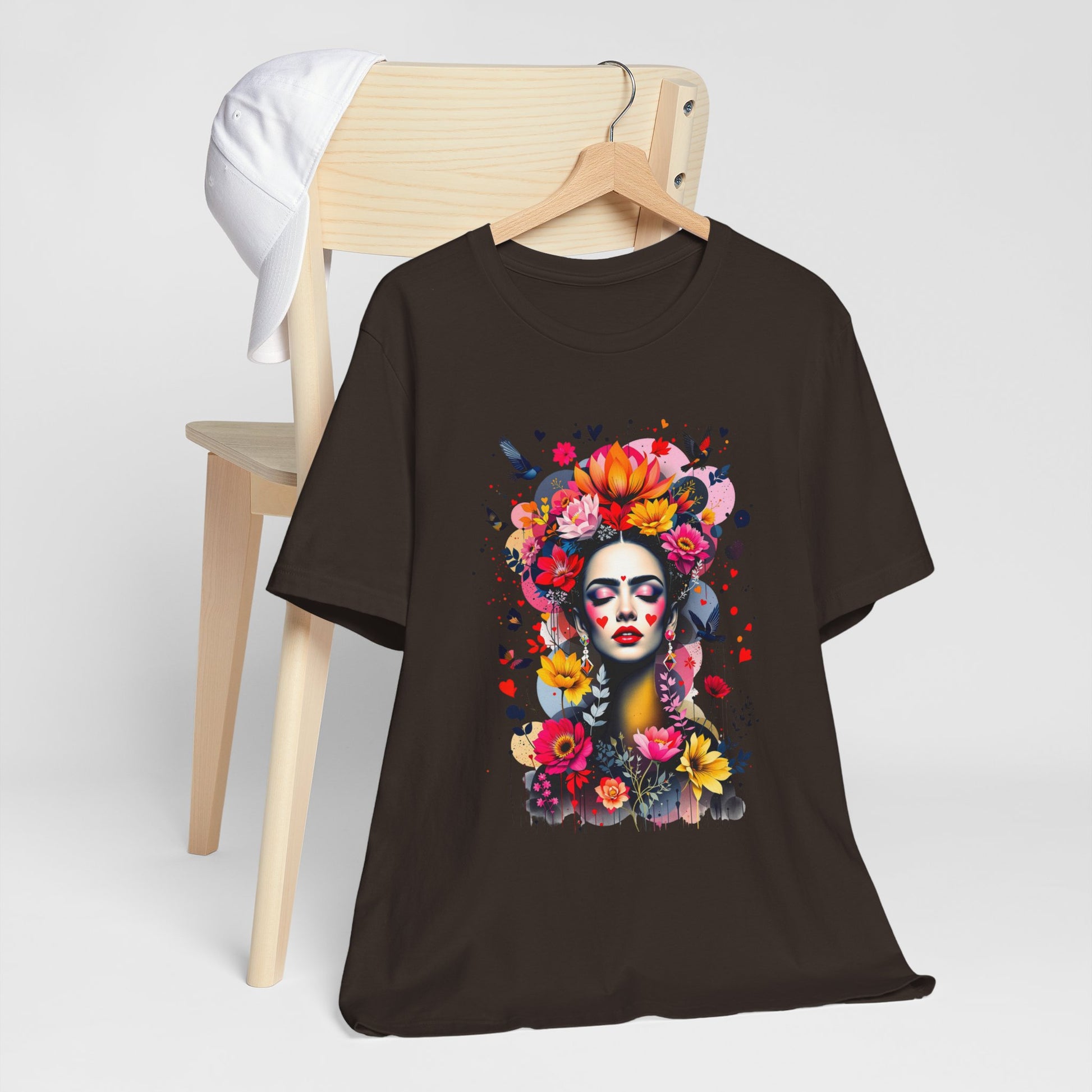 Colorful Floral Woman Face Hearts Birds Artwork Brown T-Shirt