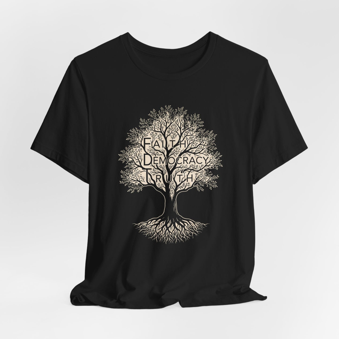 Black t-shirt with a stylized tree graphic featuring words within its branches and roots.