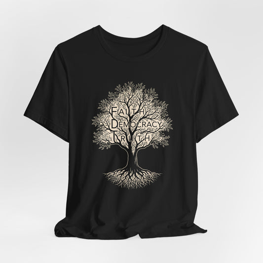 Black t-shirt with a stylized tree graphic featuring words within its branches and roots.