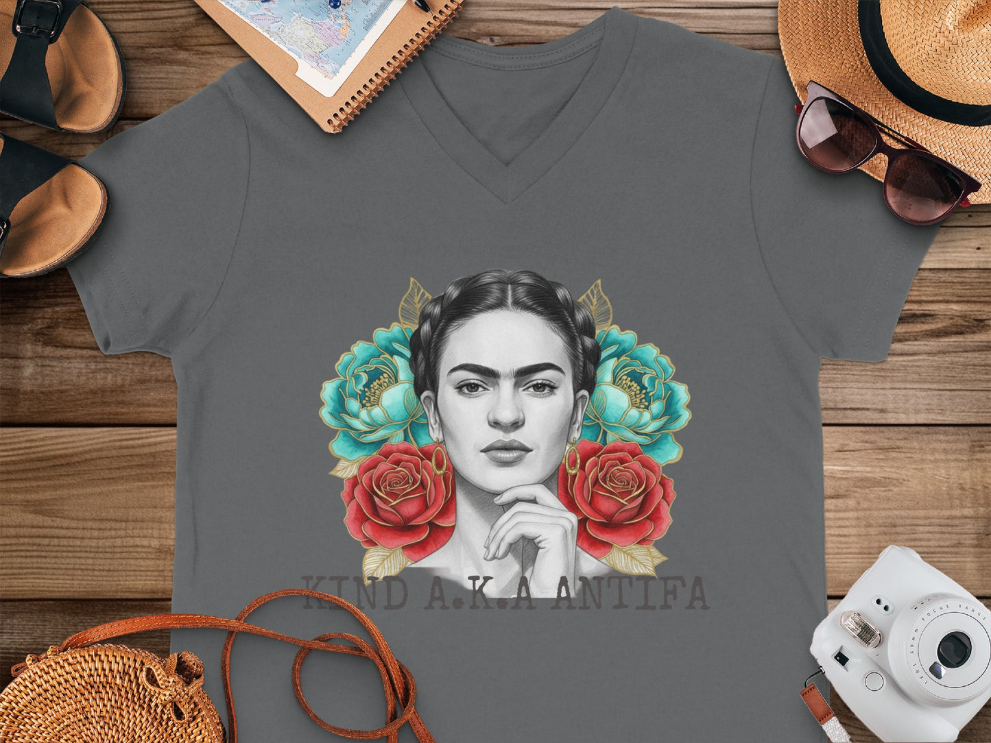 Frida Inspired Portrait with Floral Art T-Shirt