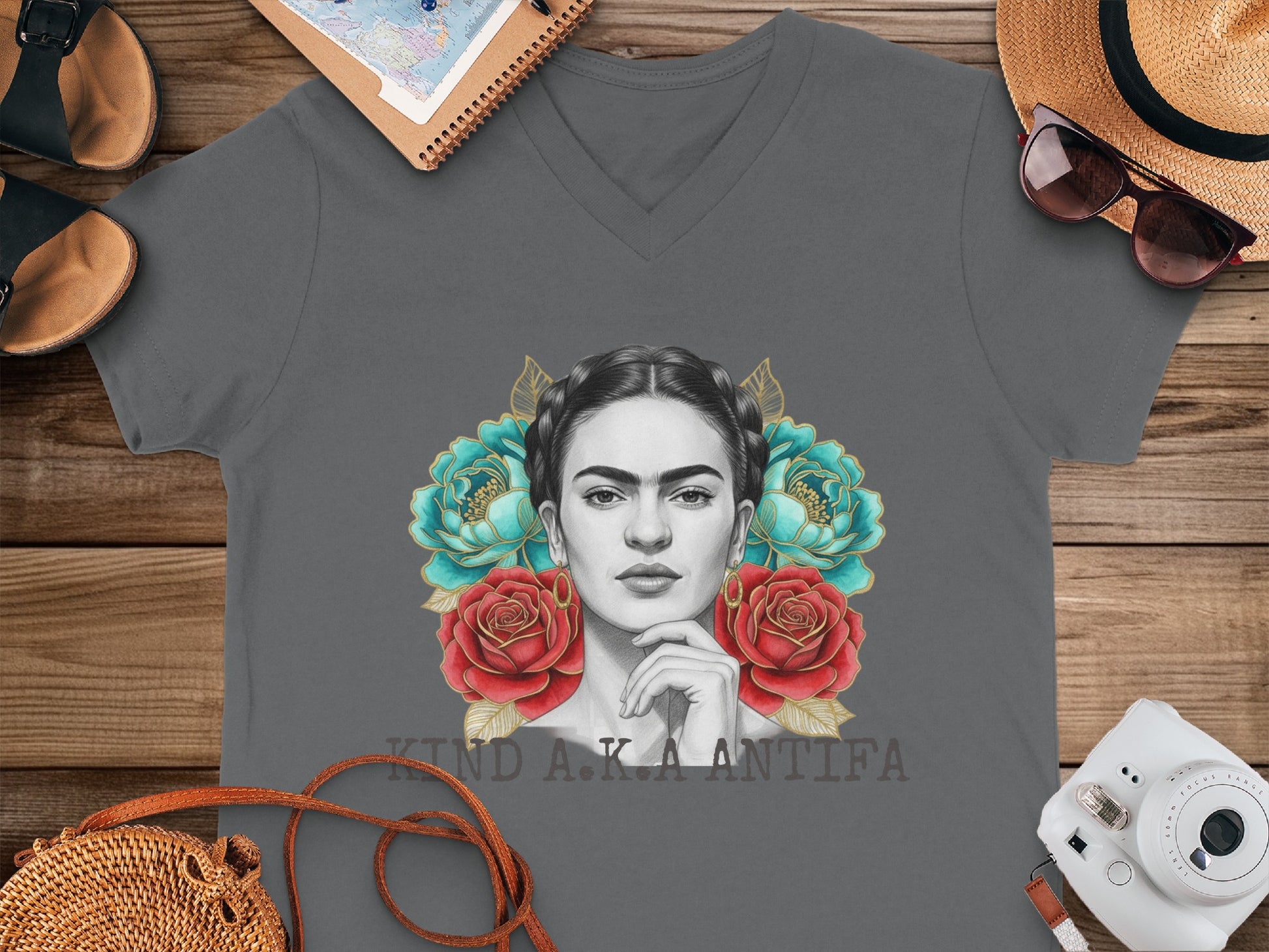 Frida Inspired Portrait with Floral Art T-Shirt