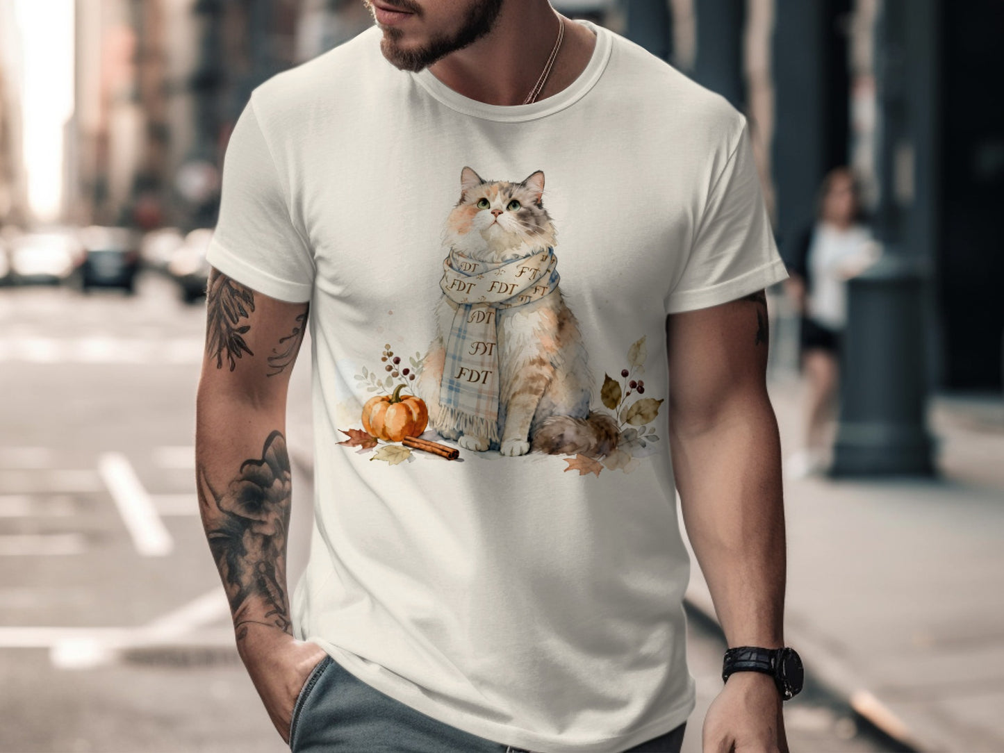 Cat With Scarf Autumn Design On Casual T-Shirt