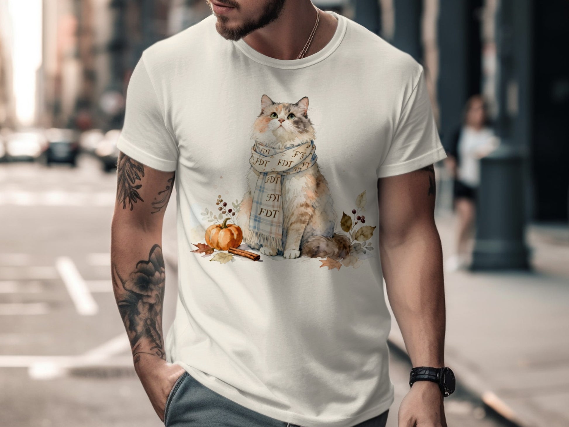 Cat With Scarf Autumn Design On Casual T-Shirt