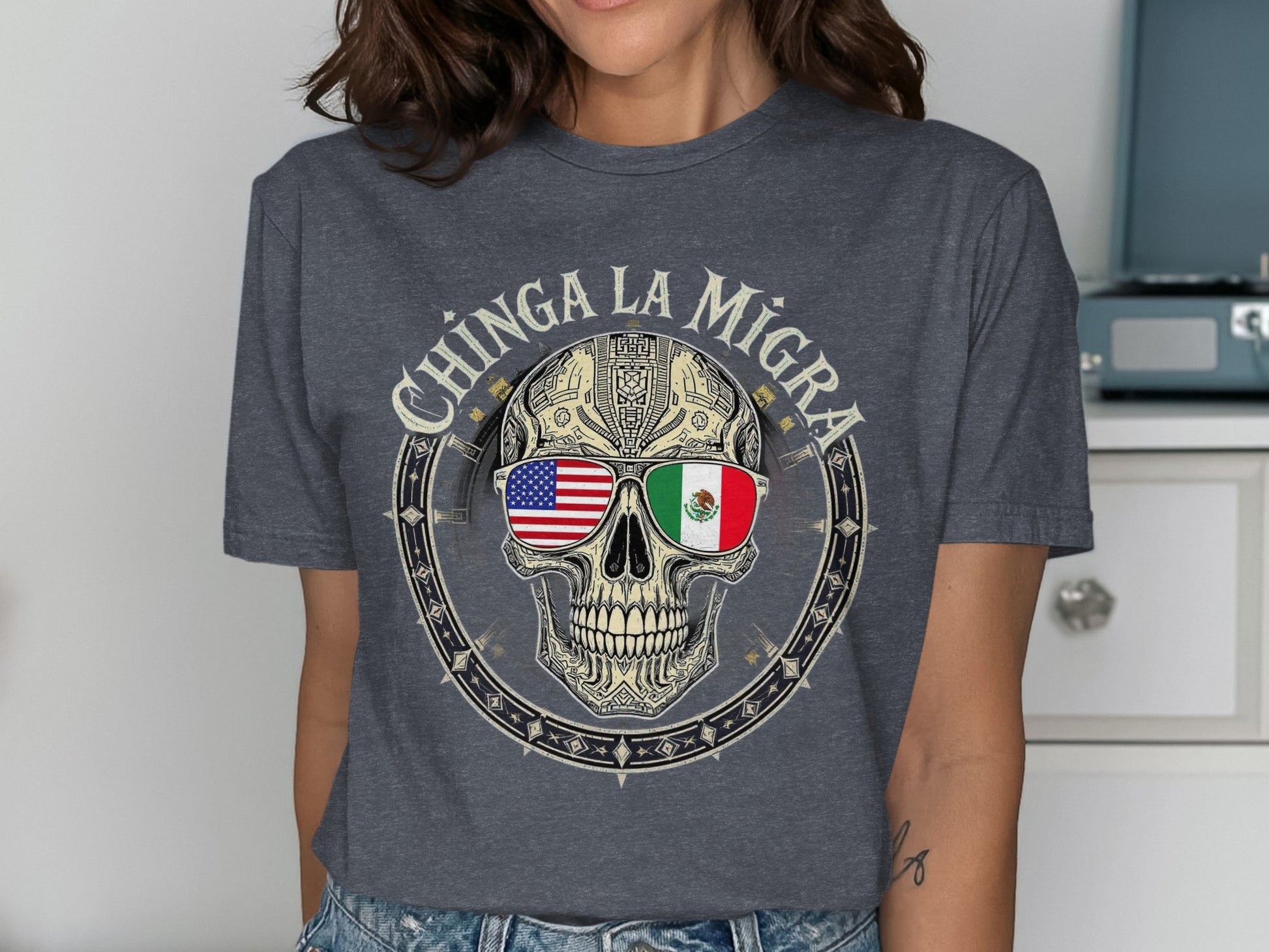 Chinga La Migra Skull With Flag Sunglasses Shirt product