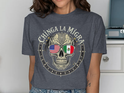 Chinga La Migra Skull With Flag Sunglasses Shirt product