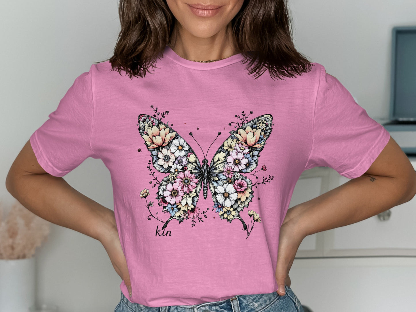 Pink T-Shirt with Floral Butterfly Graphic product type