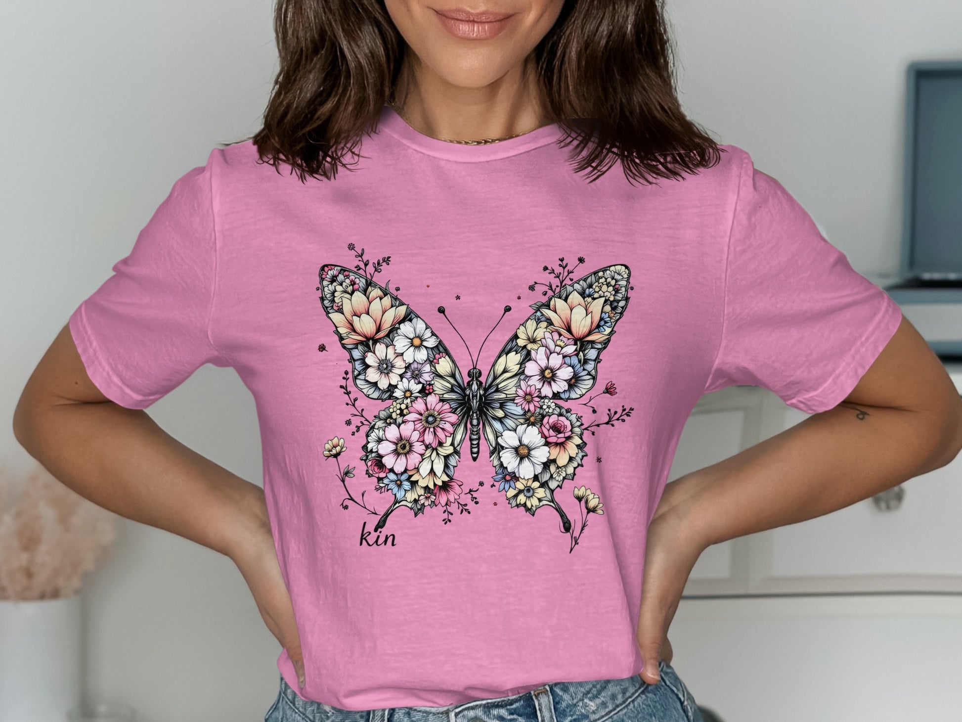Pink T-Shirt with Floral Butterfly Graphic product type