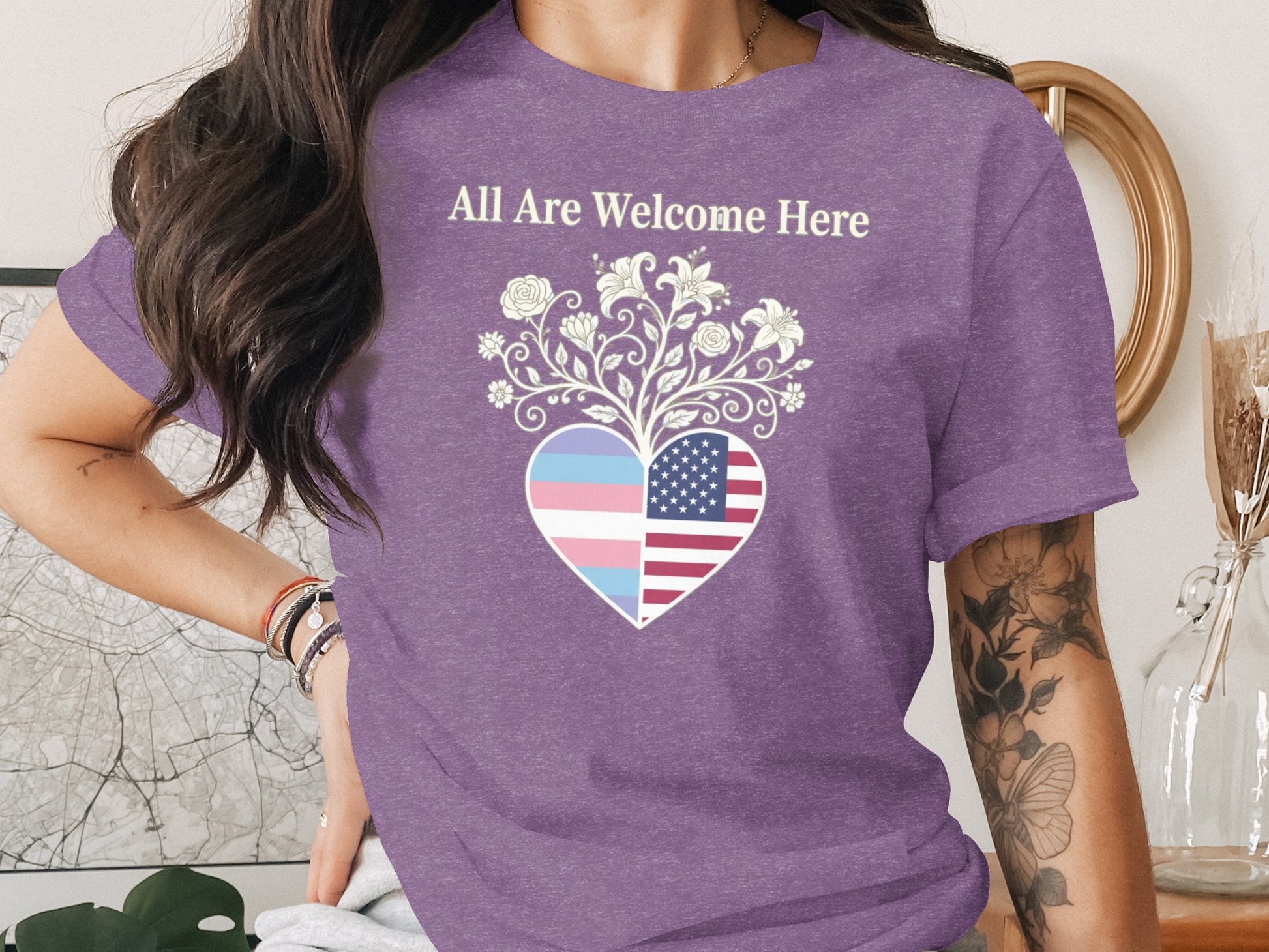 All Are Welcome Here Heart Design T-Shirt product type