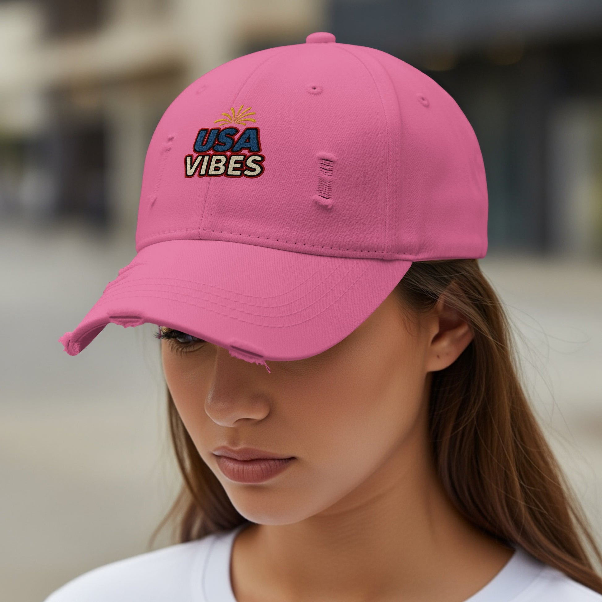 Distressed USA Vibes Pink Embroidered Cap product
