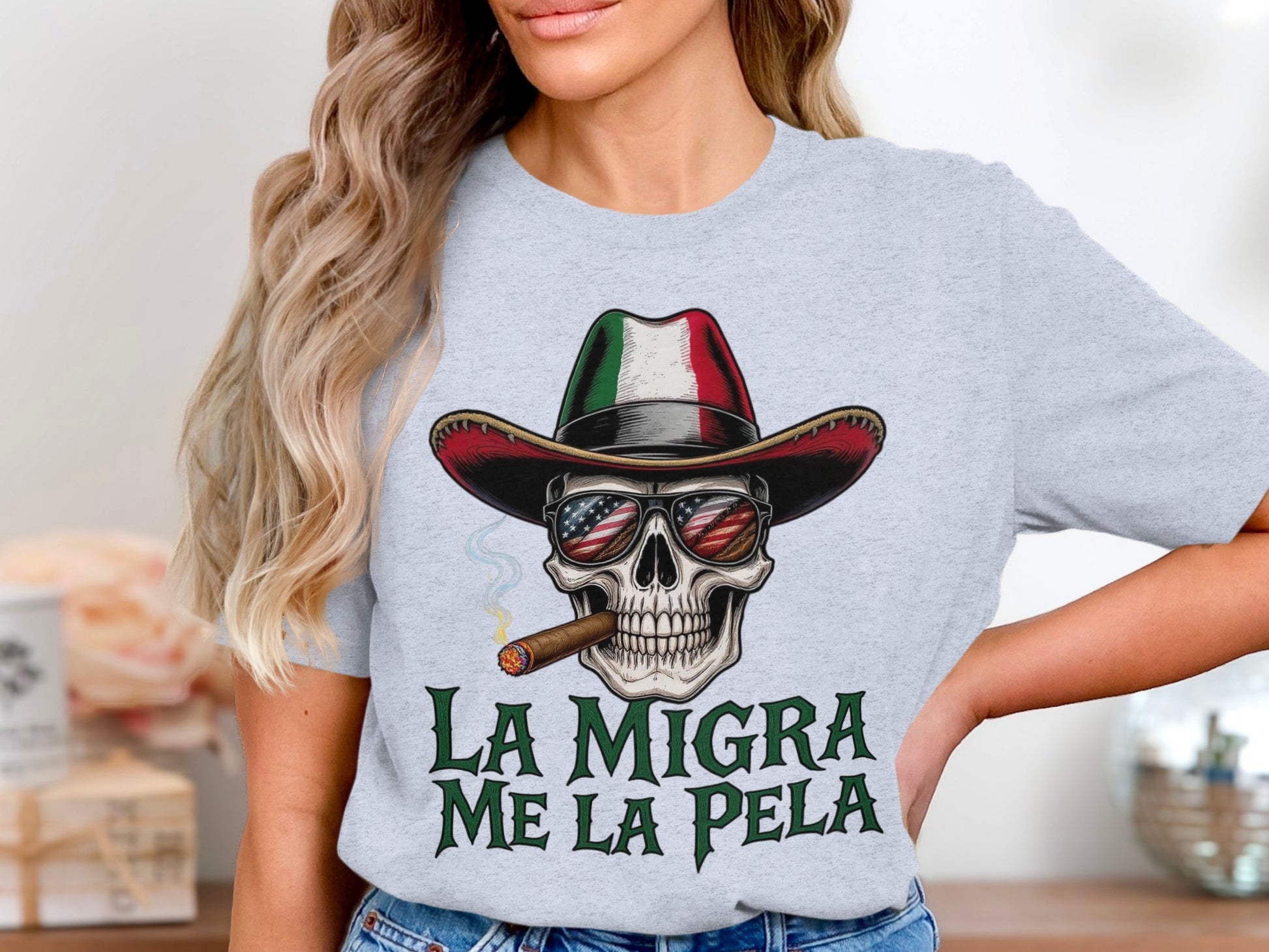 La Migra Me La Pela Graphic Skull Hat T-Shirt product