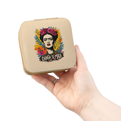 Frida Kahlo Floral Jewelry Travel Case – Compact Pink Organizer with Ring Rolls & Compartments