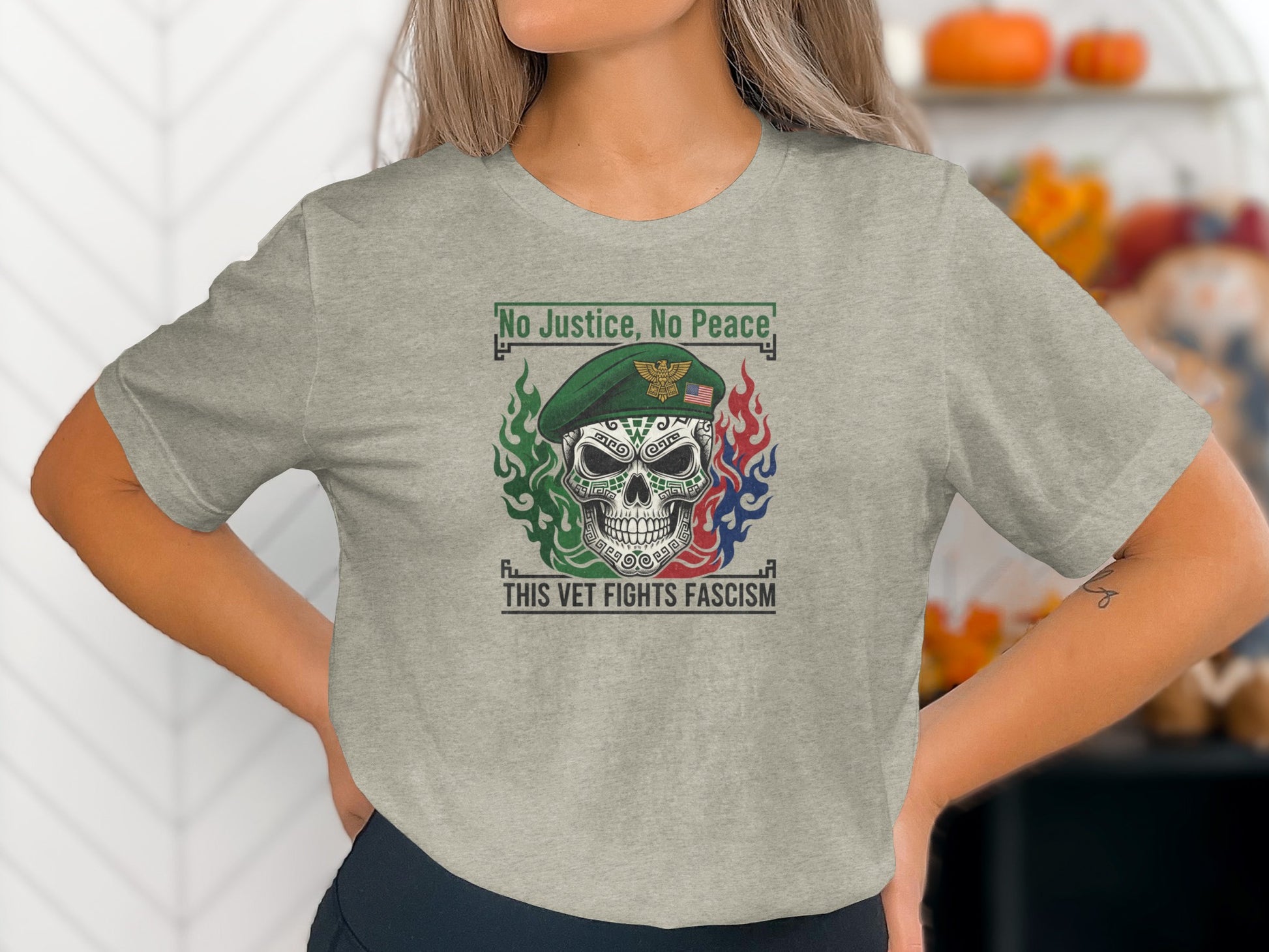 No Justice This Vet Fights Fascism Skull Graphic T-Shirt