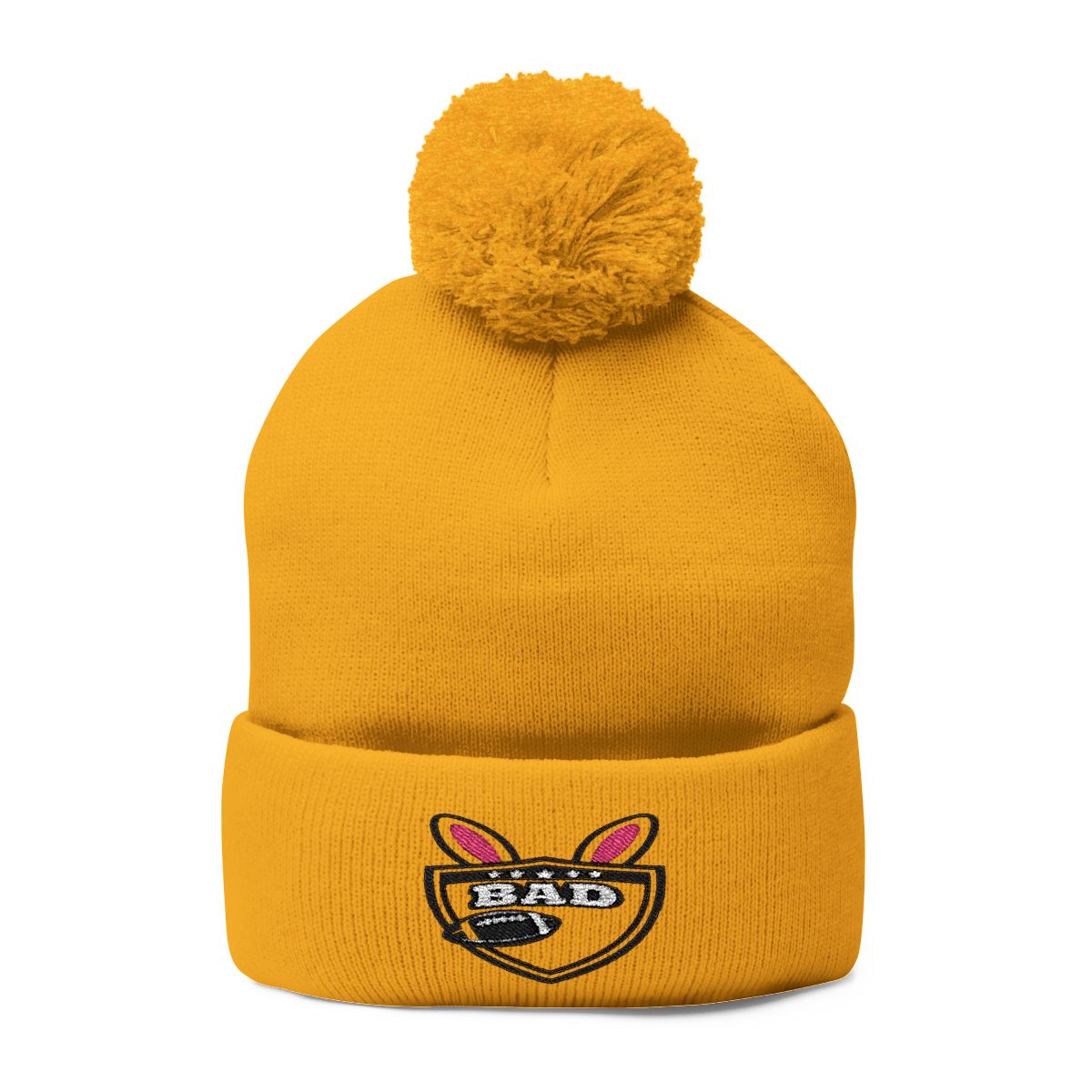 Stylish Yellow Pom-Pom Beanie with Embroidered Logo Hat