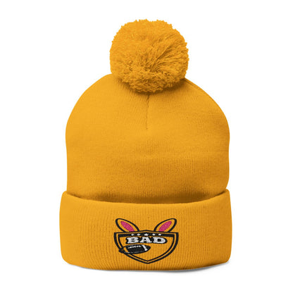 Stylish Yellow Pom-Pom Beanie with Embroidered Logo Hat