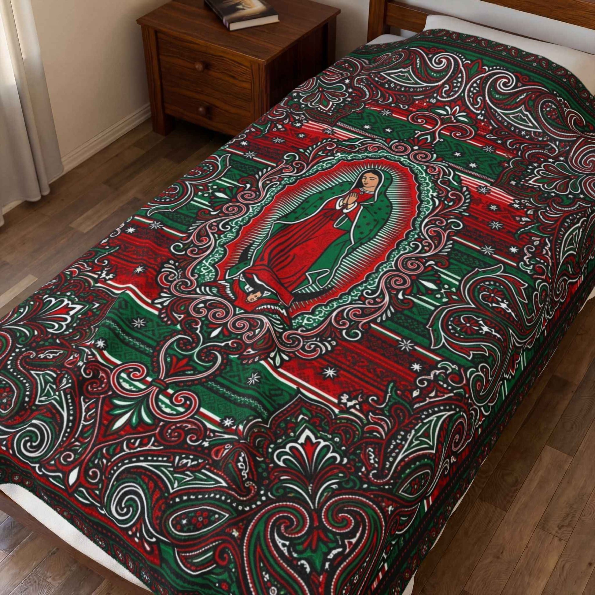 Our Lady of Guadalupe Blankets, Vibrant Red Green Paisley Design, Virgen De Guadalupe Folk Art, Mexican Inspired Throw, Sacred Blankets