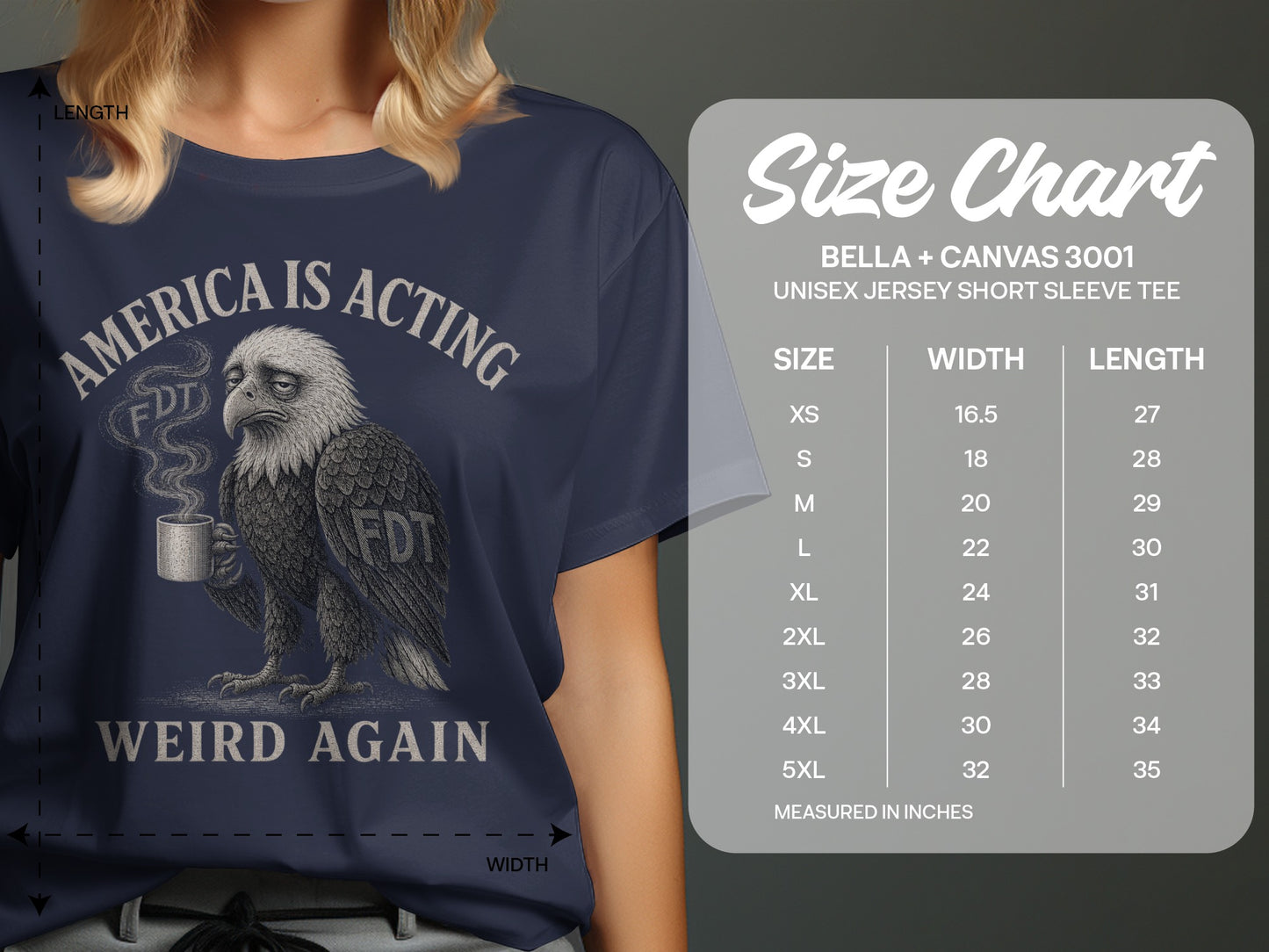 Navy t-shirt with eagle holding coffee cup and "America is Acting Weird Again" text.