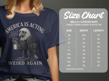 Navy t-shirt with eagle holding coffee cup and "America is Acting Weird Again" text.