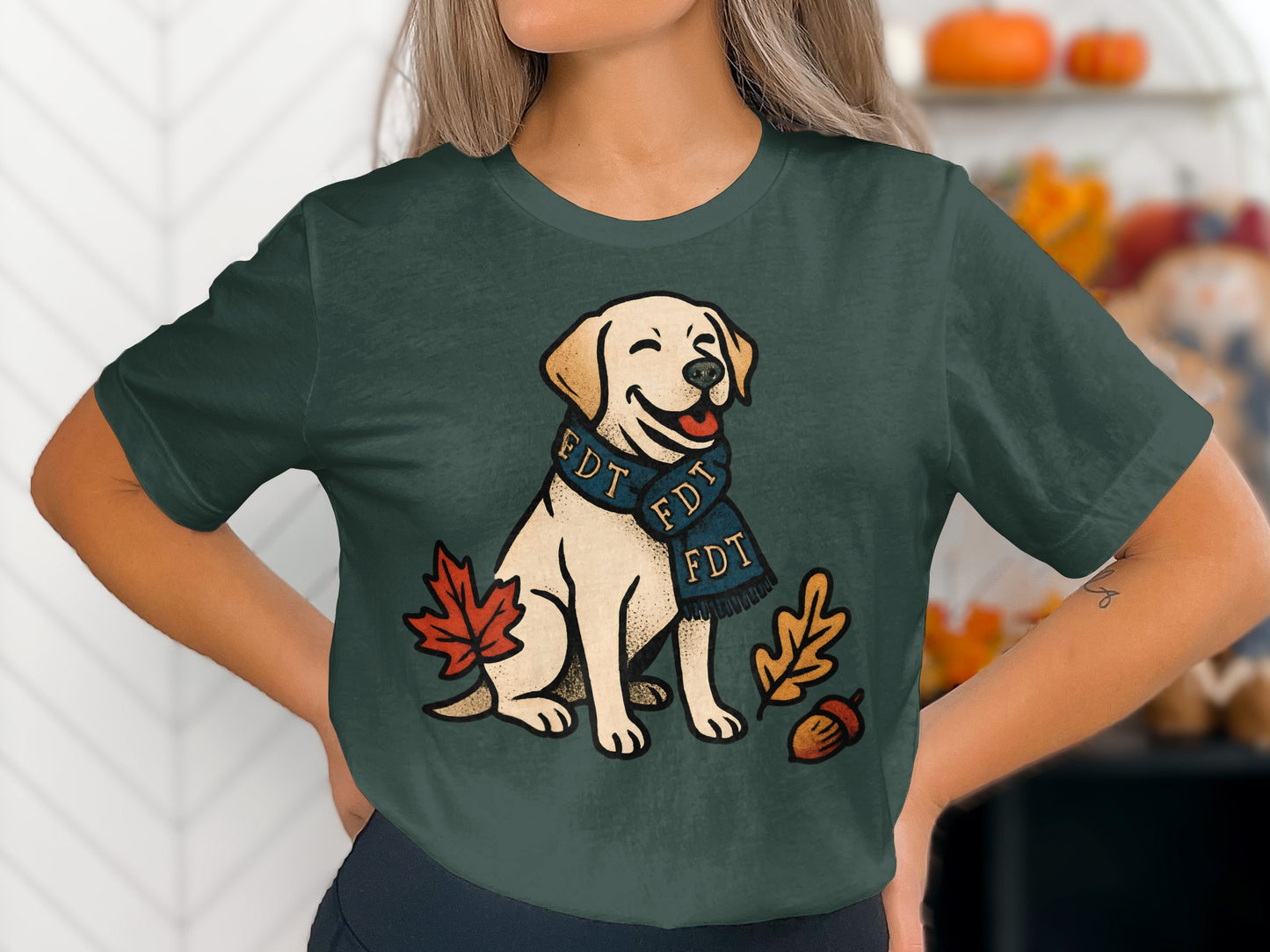Cute Dog with Blue Scarf and Autumn Leaves Shirt