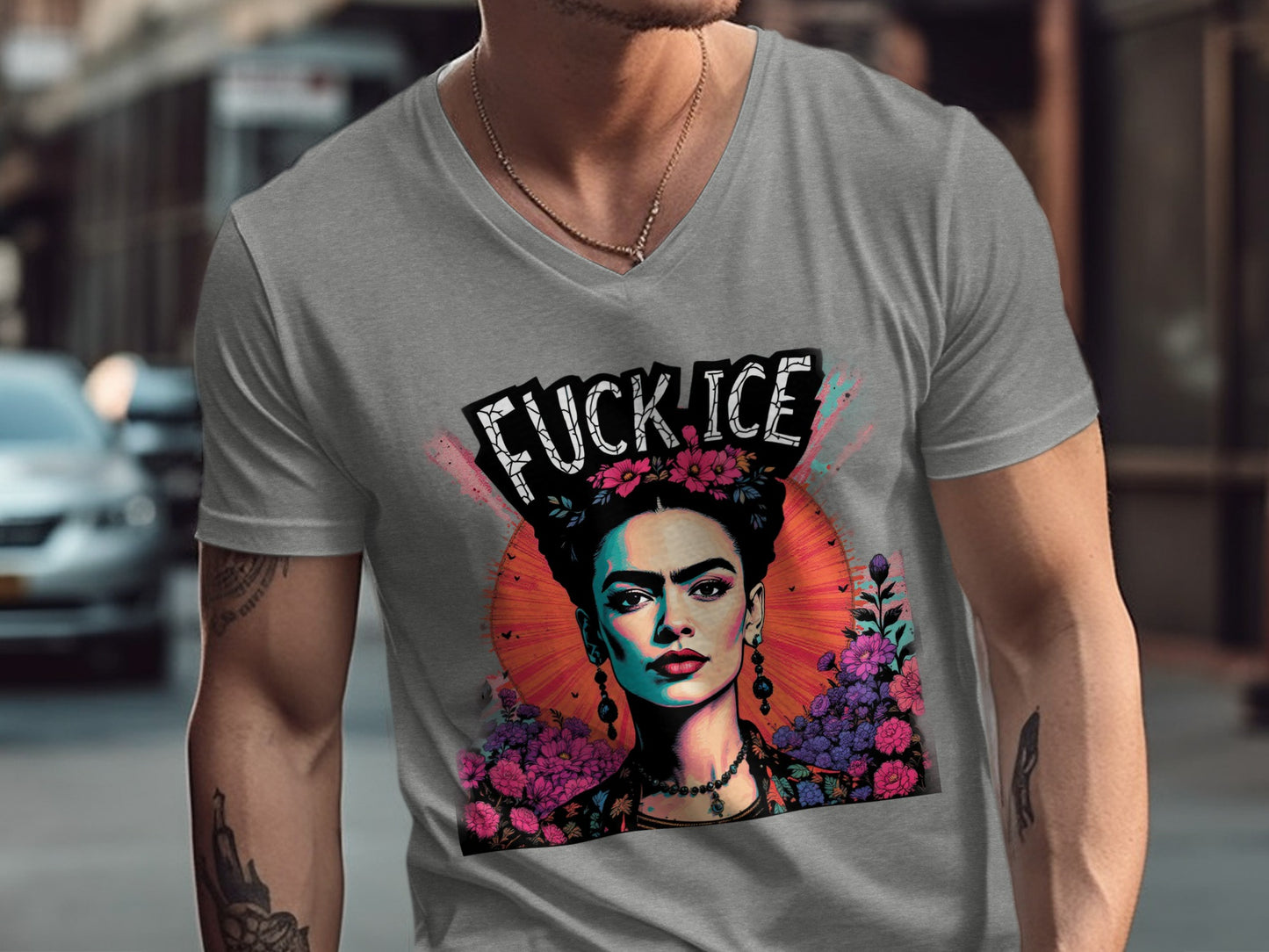 Bold Graphic Statement V-Neck Shirt with Floral Design