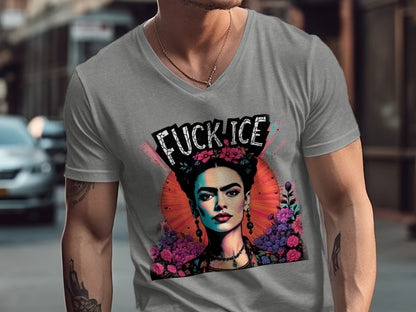 Bold Graphic Statement V-Neck Shirt with Floral Design