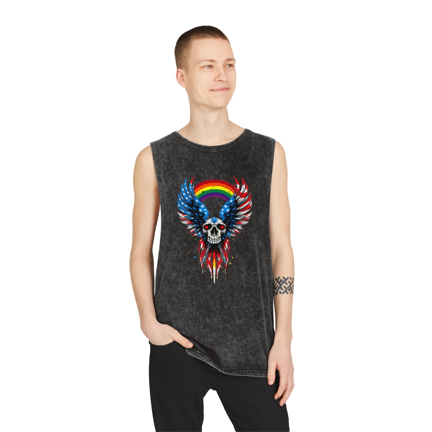 Pride Tank Top Unisex Skull & Wings Stonewash Tank Top | Grunge Style, Summer Essential, Music Festival, Casual Wear, Gift for Him/Her