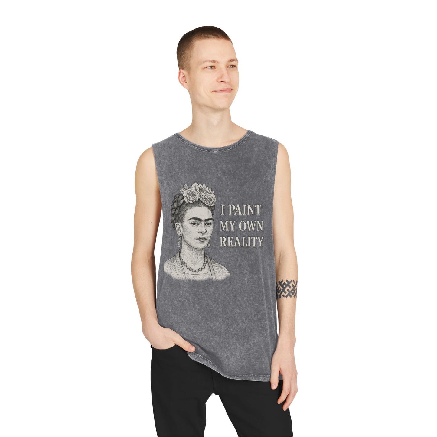 Frida Kahlo Inspirational Stonewash Tank Top, Unisex Graphic Muscle Shirt, Art Lover Gift, Bohemian Summer Top, Creative Reality Apparel