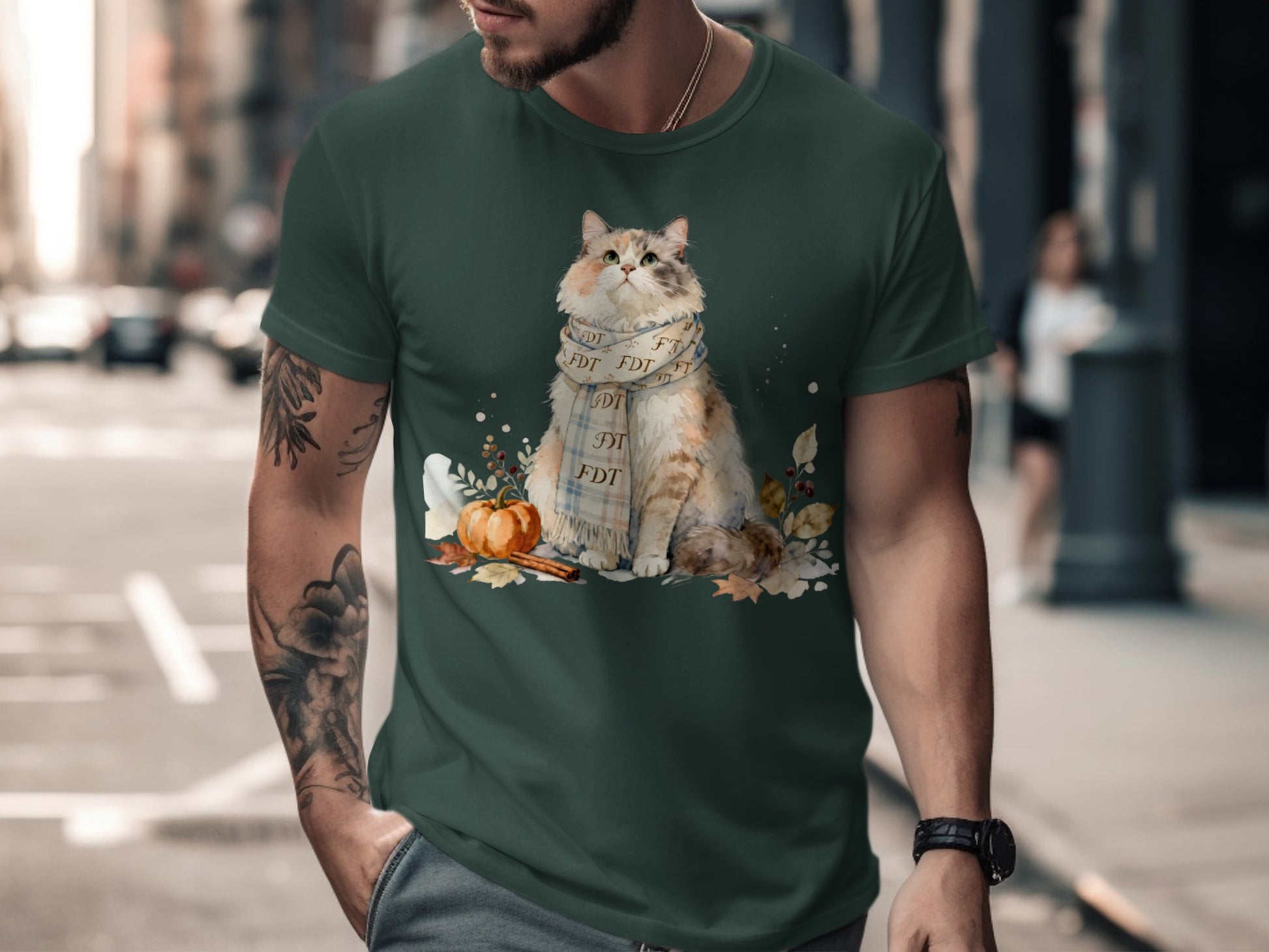 Cute Cat with Scarf in Autumn Scene T-Shirt